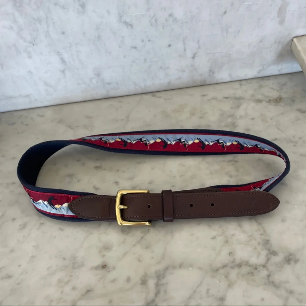 VINEYARD VINES Men's Ski Print Blue Brown Leather Canvas Belt Gold Buckle 30
